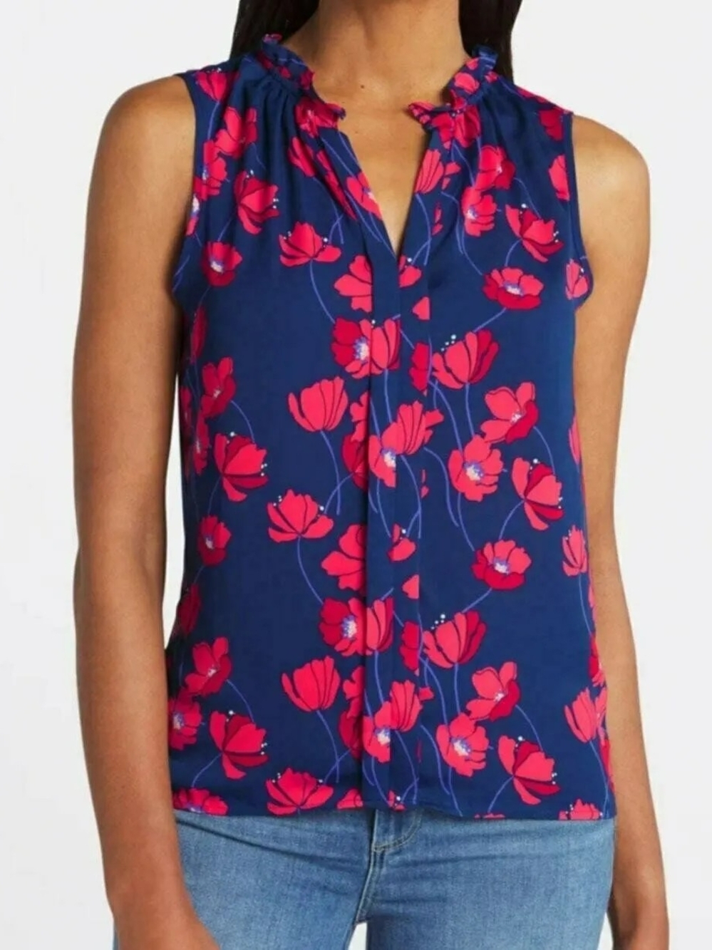 41 Hawthorn Orlee Poppy Floral Ruffle Neck Sleeveless Blouse Size LP